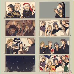 cake camelia_claustra chocobo christmas christmas_present cid_sophiar clarus_amicitia cor_leonis cup drinking_glass dual_persona final_fantasy final_fantasy_xv food gift gladiolus_amicitia hat ignis_scientia mad369 male_focus noctis_lucis_caelum aged_up prompto_argentum regis_lucis_caelum santa_hat sleeping snowing weskham_armaugh wine_glass