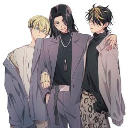 3boys ag_(dkd_wnl) arm_around_shoulder baji_keisuke belt black_belt black_hair black_shirt blonde_hair blue_eyes brown_eyes brown_jacket brown_shirt cowboy_shot earrings formal_clothes grey_jacket grey_pants grey_suit hair_over_one_eye hand_in_pocket hanemiya_kazutora jacket jewelry long_hair long_sleeves male_focus matsuno_chifuyu mole mole_under_eye multicolored_hair multiple_boys necklace off_shoulder open_mouth pants shirt simple_background single_earring smile standing suit tokyo_revengers tongue tongue_out turtleneck two-tone_hair undercut white_background