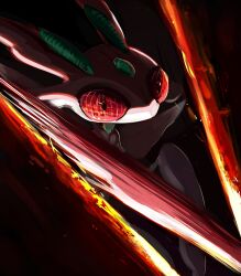 absurdres antennae antlerswhite attack bug colored_skin commentary compound_eyes english_commentary gen_7_pokemon highres looking_at_viewer lurantis nintendo no_humans pink_skin pokemon pokemon_(creature) pokemon_focus red_eyes slashing
