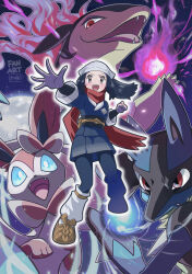 Rule 34 | 1girl, akari (pokemon), black sash, black shirt, brown shoes, clenched hand, commentary request, energy ball, eyelashes, fire, gen 4 pokemon, gen 6 pokemon, grey eyes, headscarf, highres, hisuian typhlosion, jacket, legs apart, lucario, nintendo, open mouth, pantyhose, pokemon, pokemon (creature), pokemon legends: arceus, purple fire, red scarf, sasami 642, sash, scarf, shirt, shoes, sidelocks, skirt, socks, spread fingers, sylveon, teeth, tongue, upper teeth only, white socks