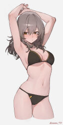 1girl absurdres armpits arms_up bad_source bikini black_bikini blush breasts cleavage commission commissioner_upload grey_hair hair_between_eyes highres honkai:_star_rail honkai_(series) large_breasts long_hair looking_at_viewer medium_breasts multiple_views navel paid_reward_available pixiv_commission simple_background solo sooon stelle_(honkai:_star_rail) swimsuit trailblazer_(honkai:_star_rail) white_background yellow_eyes