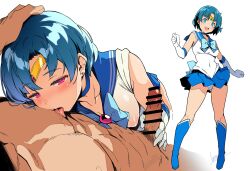 Rule 34 | 1boy, 1girl, :d, bar censor, batta 16-sei, bishoujo senshi sailor moon, blue boots, blue eyes, blue hair, blue skirt, boots, breasts, censored, clothed female nude male, full body, gloves, hand on another&#039;s head, handjob, hetero, highres, looking at viewer, magical girl, medium breasts, mizuno ami, nude, open mouth, penis, pink eyes, sailor mercury, saliva, short hair, simple background, skirt, smile, tongue, tongue out, white background, white gloves