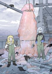 1boy 1girl bird black_bird black_eyes blonde_hair blue_gloves boat boots brown_gloves closed_mouth cloud cloudy_sky day dungeon_meshi fishing_rod fleki gapamopa giant_squid gloves green_overalls grey_hair hair_over_one_eye ladder lifebuoy long_hair long_sleeves messy_hair mithrun notched_ear off_shoulder open_mouth outdoors overalls pointy_ears rope sky squid standing swim_ring tentacles v water watercraft wavy_mouth