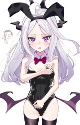 1girl ahoge animal_ears artist_request blue_archive breasts demon_girl demon_horns demon_wings doodle_sensei_(blue_archive) highres hina_(blue_archive) horns leotard long_hair open_mouth playboy_bunny purple_eyes rabbit_ears sensei_(blue_archive) small_breasts solo standing white_hair wings