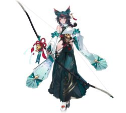 1girl ahoge animal_ears arrow_(projectile) bell black_gloves black_hair blush bow_(weapon) braid breasts bridal_gauntlets closed_mouth clothing_cutout detached_sleeves earrings erune fingerless_gloves full_body gloves green_hakama hair_ornament hakama hakama_skirt hand_on_own_hip hip_vent holding holding_arrow holding_bow_(weapon) holding_weapon ine_(starward) japanese_clothes jewelry jingle_bell large_breasts long_hair looking_at_viewer mole multicolored_hair official_art red_eyes red_hair sandals side_cutout sideboob simple_background single_braid skirt smile solo standing starward streaked_hair tabi tachi-e tassel transparent_background weapon white_background wide_sleeves