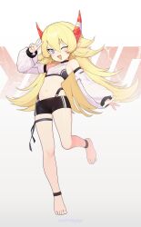 1girl ;d absurdres anklet bandaged_horn bare_shoulders barefoot black_shorts blonde_hair blue_eyes breasts commentary crop_top demon_horns detached_sleeves feet flipped_hair full_body hair_between_eyes hand_up highres horns jewelry long_hair long_sleeves looking_at_viewer midriff navel one_eye_closed open_mouth original pg_(pege544) pointy_ears red_horns red_pupils shirt shorts small_breasts smile solo standing standing_on_one_leg thigh_strap v white_shirt white_sleeves