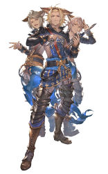 Rule 34 | 3boys, :d, ;d, armor, balisong, belt, boots, bread, brown hair, dark-skinned male, dark skin, ear piercing, elsam (granblue fantasy), erune, food, full body, granblue fantasy, granblue fantasy versus, grey eyes, gyaruo, highres, knife, lowain (granblue fantasy), minaba hideo, multiple boys, official art, one eye closed, open mouth, piercing, simple background, smile, tomoi (granblue fantasy), transparent background, white background, white hair