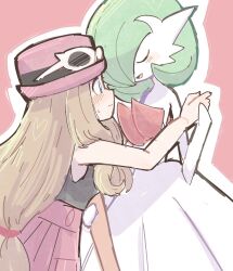 1girl blonde_hair blue_eyes blush breasts closed_mouth eyewear_on_headwear gardevoir gen_3_pokemon han0579 hat highres long_hair mega_gardevoir mega_pokemon nintendo open_mouth pink_hat pokemon pokemon_(creature) pokemon_xy red_hat red_skirt serena_(pokemon) shirt skirt sleeveless sleeveless_shirt smile sunglasses white-framed_eyewear