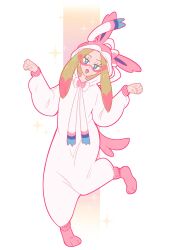 1girl animal_ears commission cosplay fake_animal_ears fake_tail full_body gen_6_pokemon grey_eyes highres kigurumi mina_(pokemon) nintendo open_mouth paint_splatter paint_splatter_on_face paw_pose pokemon pokemon_sm solo sparkle standing standing_on_one_leg sylveon sylveon_(cosplay) tail vergolophus