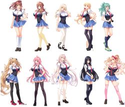 6+girls aota_natsu black_hair black_legwear blonde_hair blue_eyes breasts brown_hair cleavage copyright_request doi_sayaka game_cg high_heels huge_breasts inami_mashiro inosaki_mako kagurazaka_mioko kohinata_miyu konohana_sango kujou_sakura large_breasts long_hair multiple_girls nekota_miyako ole-m pantyhose pink_hair red_eyes saimin_class school_uniform short_hair skirt standing thighhighs very_long_hair washinomiya_mikoto white_background white_legwear