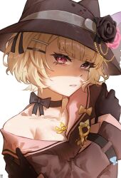 1girl armpit_crease black_dress black_flower black_gloves black_hat black_ribbon black_rose blonde_hair blunt_bangs bow crossed_arms dress flower gloves gold_necklace hair_ornament hairclip hands_on_own_shoulders hat highres jewelry komachi_panko komachi_panko_(2nd_costume) long_sleeves looking_at_viewer neck_ribbon necklace numamus off_shoulder parted_lips pendant phase_connect pink_eyes pink_flower pink_rose ribbon rose short_hair sidelocks simple_background solo thick_eyebrows virtual_youtuber white_background