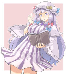 1girl :o arnest blue_bow blue_ribbon blunt_bangs book bow bowtie breasts capelet covered_navel cowboy_shot crescent crescent_hat_ornament dress hair_bow hat hat_ornament hat_ribbon highres holding holding_book large_breasts long_hair looking_at_viewer mob_cap open_book patchouli_day patchouli_knowledge purple_bow purple_eyes purple_hair red_bow red_ribbon ribbon simple_background solo sparkle striped_clothes striped_dress touhou vertical-striped_clothes vertical-striped_dress very_long_hair wide_sleeves