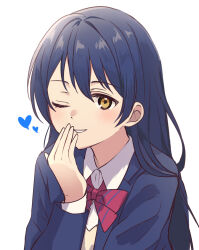 1girl blazer blue_hair blue_jacket blush bow bowtie collared_shirt grin hand_to_own_mouth hand_up heart jacket kiruto_(artar_12) long_hair long_sleeves looking_at_viewer love_live! love_live!_school_idol_project one_eye_closed otonokizaka_school_uniform red_bow red_bowtie school_uniform shirt simple_background smile solo sonoda_umi striped_bow striped_bowtie striped_clothes upper_body white_background winter_uniform yellow_eyes