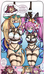 Rule 34 | absurdres, arms behind back, bdsm, belly, blush, bondage, bound, cleo (dragalia lost), cloth gag, collarbone, dragalia lost, elisanne, gag, gagged, highres, improvised gag, magnolia-baillon, midriff, motion lines, mym (dragalia lost), navel, peril, restrained, shibari, struggling, tied up (nonsexual)