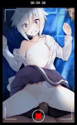 1boy 1girl bar_censor black_border blush border censored collarbone collared_shirt commentary_request defloration flat_chest furrowed_brow grey_hair groin hair_between_eyes hetero highres horrified itomi_sayaka long_sleeves looking_at_viewer lying male_pubic_hair nipples open_clothes open_shirt panties panties_around_leg penis petite pov pov_crotch pubic_hair purple_eyes purple_skirt rape recording renpu_girls_school_uniform school_uniform sex shade shirt short_hair skirt solo_focus spread_legs toji_no_miko underwear vaginal vesperia viewfinder white_panties white_shirt winter_uniform