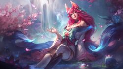 absurdres ahri_(league_of_legends) animal_ear_fluff animal_ears artist_request bell blue_tail ear_bell facial_mark fox_ears fox_girl fox_tail highres japanese_clothes kimono kitsune kyuubi league_of_legends league_of_legends:_wild_rift low_neckline multiple_tails tail