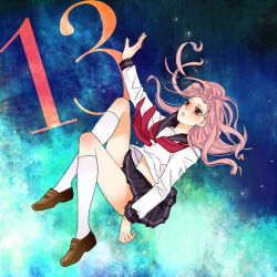 1girl brown_eyes brown_shoes eden_no_ori falling long_hair long_sleeves midriff_peek neckerchief outstretched_arm parted_lips pink_hair pleated_skirt red_neckerchief school_uniform segawa_saki serafuku shirt shoes skirt socks solo tears very_long_hair wattant white_shirt white_socks