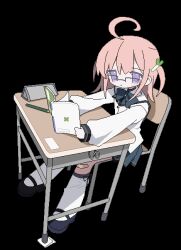Rule 34 | 1girl, ahoge, animated, animated gif, bandaid, bandaid on knee, bandaid on leg, black shoes, blinking, book, bow, bowtie, chair, chibi, daizu (melon-lemon), desk, food-themed hair ornament, full body, glasses, grey bow, grey bowtie, grey skirt, hair ornament, holding, holding book, jaggy lines, kneehighs, long hair, long sleeves, looking at viewer, looping animation, mary janes, miniskirt, open book, original, over-rim eyewear, pencil, pencil case, pink hair, pleated skirt, pout, purple eyes, school chair, school desk, school uniform, semi-rimless eyewear, shirt, shoes, simple background, sitting, skirt, sleeves past wrists, socks, solo, spring onion hair ornament, stitched, third-party edit, transparent background, two side up, variant set, white shirt, white socks