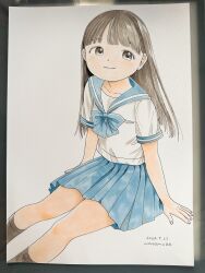 1girl absurdres arm_support artist_name blue_bow blue_bowtie blue_sailor_collar blue_skirt blunt_bangs bow bowtie brown_eyes brown_hair brown_socks closed_mouth dated feet_out_of_frame from_above highres ink_(medium) long_hair looking_at_viewer nagomurasan original pastel_(medium) pen pen_(medium) pleated_skirt sailor_collar school_uniform serafuku shirt signature sitting skirt smile socks solo traditional_media white_shirt