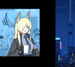 4girls andy9610 animal_ears armband black_jacket blonde_hair blue_archive blue_halo city cityscape commentary dog_ears dog_girl english_commentary extra_ears faceless faceless_female fubuki_(blue_archive) hair_over_eyes hair_over_one_eye halo hat highres jacket kanna_(blue_archive) konoka_(blue_archive) long_hair long_sleeves multiple_girls night open_clothes open_jacket open_mouth peaked_cap police police_hat police_uniform policewoman purple_armband shirt smile solo_focus upper_body valkyrie_police_academy_student_(blue_archive)
