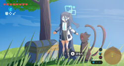 :o absurdly_long_hair aris_(blue_archive) black_skirt blue_archive blue_eyes blue_necktie fake_screenshot fox hair_between_eyes highres jacket kurokage_(blue_archive) long_hair miaki_(mi_autumn39) necktie open_mouth shirt sidelocks skirt treasure_chest very_long_hair video_game white_footwear white_jacket white_shirt yawning