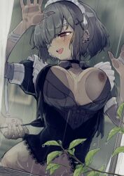 Rule 34 | 1girl, absurdres, against glass, anger vein, arm up, bandaged arm, bandaged hand, bandaged head, bandages, black choker, blush, body freckles, bouhuman, breast press, breasts, breasts apart, breasts on glass, choker, cross hair ornament, crying, crying with eyes open, dark nipples, ear piercing, earrings, empty eyes, freckles, from outside, furrowed brow, grey hair, hair ornament, hand on glass, hand on window, hand up, highres, jewelry, large breasts, leaning forward, long hair, looking to the side, maid, maid headdress, multiple earrings, navel, nipples, no bra, one eye covered, open mouth, original, piercing, puffy short sleeves, puffy sleeves, rain, red eyes, saliva, saliva trail, shirt, short hair, short sleeves, snot, solo focus, stomach, tears, tongue, tongue out, trembling, unaligned breasts, upper body, water, window