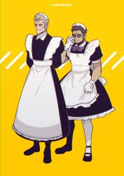 adjusting_eyewear apron arms_behind_back beard boots brown_hair crossdressing dress facial_hair frills fuyutsuki_kouzou glasses gloves grey_hair highres ikari_gendou ka_ji long_dress maid maid_apron maid_headdress neon_genesis_evangelion ribbon short_dress short_hair sunglasses thighhighs yellow_background