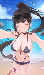 1girl ^_^ absurdres bare_shoulders beach bikini bilingual_text black_bikini blue_archive blush breasts cleavage closed_eyes commentary crab english_commentary eyewear_on_head flying_sweatdrops grin highres large_breasts long_hair mixed-language_text navel no_halo ocean outdoors ponytail rio_(blue_archive) rosumini seashell shell shorts smile solo sunglasses swimsuit very_long_hair