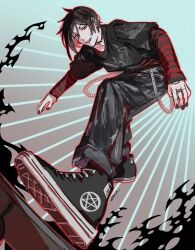 Rule 34 | 1boy, alternate costume, barbell piercing, black hair, black nails, black shirt, casual, choker, contemporary, denim, ear piercing, ena33333333, hair between eyes, hand tattoo, highres, industrial piercing, jeans, jewelry, kuroshitsuji, long sleeves, male focus, open mouth, pale skin, pants, piercing, red eyes, ring, sebastian michaelis, shirt, shoes, short hair, simple background, smile, sneakers, solo, tattoo