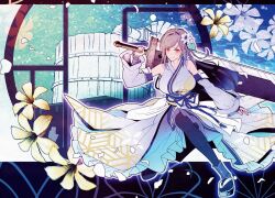 1girl bare_shoulders birthday black_hair black_pantyhose breasts buster_sword closed_mouth commentary_request detached_sleeves falling_petals final_fantasy final_fantasy_vii final_fantasy_vii_ever_crisis flower frilled_kimono frills full_body hair_flower hair_ornament holding holding_sword holding_weapon huge_weapon japanese_clothes kimono large_breasts long_hair mirrorclew nibelheim obi official_alternate_costume on_one_knee pantyhose petals red_eyes sash sleeveless sleeveless_kimono smile solo swept_bangs sword tifa_lockhart tifa_lockhart_(festive_blue_daffodil_attire) water water_tank water_tower weapon white_flower wide_sleeves yellow_flower