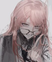 1girl bang_dream! bang_dream!_it&#039;s_mygo!!!!! black_nails chihaya_anon commentary_request fang glasses grey_eyes grey_sweater_vest highres index_finger_raised long_hair looking_at_viewer pink_hair red_pupils sidelocks simple_background siy_(shengxiu760722) solo sweater_vest upper_body white_background