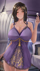 1girl absurdres babydoll blush breasts camisole cleavage collarbone fie_nanoo frilled_babydoll frills highres large_breasts lingerie long_hair looking_at_viewer loungewear mole mole_on_neck negligee nightgown nijisanji orange_eyes purple_babydoll purple_chemise purple_nails shirayuki_tomoe shirayuki_tomoe_(7th_costume) sleepwear spaghetti_strap underwear underwear_only virtual_youtuber