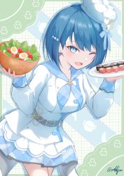 1girl absurdres belt blue_eyes blue_hair breasts egg egg_(food) food hair_ornament hat highres holding kiritani kiritani_haruka long_sleeves looking_at_viewer oekkjan one_eye_closed open_mouth plate project_sekai short_hair skirt smile solo tomato