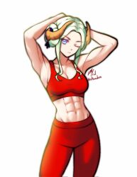 1girl abs arms_up blue_eyes breasts cleavage edelgard_von_hresvelg edelgard_von_hresvelg_(timeskip) fake_horns fire_emblem fire_emblem:_three_houses highres horns looking_at_viewer medium_breasts navel nintendo one_eye_closed pants red_sports_bra rotomdocs short_hair solo sports_bra white_hair yoga_pants