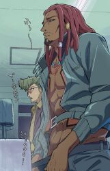 Rule 34 | 2boys, abs, akudama drive, bara, bare pectorals, bathroom, beard stubble, brawler (akudama drive), collared shirt, commentary request, cropped jacket, dark-skinned male, dark skin, dreadlocks, earrings, facial hair, goatee, green hair, highres, hoodlum (akudama drive), indoors, jacket, jewelry, male focus, multiple boys, muscular, muscular male, mustache stubble, open clothes, open jacket, orange-tinted eyewear, pectorals, peeing, pompadour, protected link, round eyewear, shirt, sound effects, stubble, tinted eyewear, urinal, yashi (3gx0tehl2vycx1d)