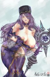 Rule 34 | 1girl, absurdres, artist name, awg usto, bare shoulders, breasts, cleavage, commentary, crymaria levin, detached collar, dress, english commentary, eyes visible through hair, fur hat, gem, gloves, gold trim, half gloves, hat, highres, holding, holding polearm, holding weapon, huge breasts, lance, lipstick, long hair, looking at viewer, makeup, nipples, parted lips, polearm, purple dress, purple gemstone, purple gloves, purple hair, purple lips, red eyes, senjou no valkyria (series), senjou no valkyria 4, solo, wardrobe malfunction, weapon