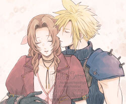 1boy 1girl aerith_gainsborough ancotsubu arm_around_waist armor artist_name black_gloves blonde_hair blue_shirt braid braided_ponytail brown_hair choker closed_eyes cloud_strife couple dress final_fantasy final_fantasy_vii final_fantasy_vii_rebirth final_fantasy_vii_remake flower_choker gloves hair_between_eyes hair_ribbon hetero jacket kissing_hair long_hair parted_bangs parted_lips pauldrons pink_dress pink_ribbon puffy_short_sleeves puffy_sleeves red_jacket ribbon shirt short_hair short_sleeves shoulder_armor sidelocks single_braid single_pauldron sleeveless sleeveless_turtleneck spiked_hair suspenders turtleneck twitter_username upper_body