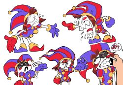 1girl full_body galactabee gloves hat highres jester jester_cap looking_at_another looking_at_viewer multicolored_eyes multiple_views open_mouth pomni_(the_amazing_digital_circus) pulling_own_hair ragatha_(the_amazing_digital_circus) sharp_teeth short_hair tears teeth the_amazing_digital_circus toon_(style)