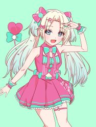 1girl :d arm_up bare_shoulders blonde_hair blue_hair bow commentary cowboy_shot curtained_hair fake_tail fang green_background hair_bow hair_ornament heart heart_hair_ornament heart_o-ring highres letter_hair_ornament link!_like!_love_live! long_hair love_live! miniskirt myrain56991013 navel o-ring official_alternate_costume open_mouth osawa_rurino parted_bangs pink_bow pink_shirt pink_skirt pleated_skirt shirt simple_background skirt sleeveless sleeveless_shirt smile solo standing tail tail_bow tail_ornament twintails underbust virtual_youtuber wawo!_(love_live!) x_hair_ornament