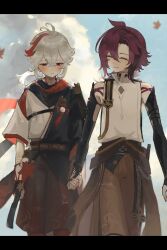 Rule 34 | 2boys, armor, bandaged arm, bandages, black choker, black gloves, black hair, blush, choker, closed eyes, closed mouth, cloud, day, fingerless gloves, genshin impact, gloves, hair between eyes, hashtag-only commentary, highres, holding hands, japanese armor, japanese clothes, kaedehara kazuha, kote, kurokote, leaf, letterboxed, male focus, mole, mole under eye, multicolored hair, multiple boys, outdoors, ponytail, red eyes, red hair, shikanoin heizou, sky, streaked hair, uuuuuuji, white hair, yaoi