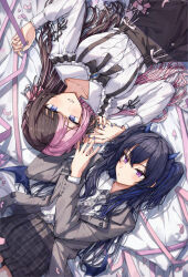 2girls absurdres black_neckerchief blazer blue_eyes blue_hair breasts brown_hair collar collarbone collared_shirt frilled_collar frilled_shirt frilled_shirt_collar frills grey_necktie highres horns ichinose_uruha jacket jirai_kei long_hair looking_at_viewer low_wings lying medium_breasts mimma_ring_(nobuyueli) multicolored_hair multiple_girls neckerchief necktie on_back open_mouth pink_hair pleated_skirt purple_eyes shirt skirt tachibana_hinano teeth thigh_gap twintails two-tone_hair very_long_hair vspo! white_shirt wings