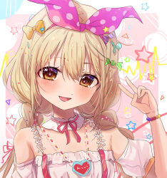 1girl :d bandana bare_shoulders bead_necklace beads blonde_hair blush border bow bracelet braid brown_eyes camisole candy_hair_ornament commentary flower_straps food-themed_hair_ornament futaba_anzu hair_between_eyes hair_bow hair_ornament heart heart_necklace highres huwarinn99 idolmaster idolmaster_cinderella_girls jewelry looking_at_viewer necklace off-shoulder_shirt off_shoulder open_mouth orange_bow outside_border parted_lips pink_background pink_bandana portrait shirt short_sleeves smile solo star-shaped_pupils star_(symbol) symbol-shaped_pupils twin_braids twintails v white_border white_shirt