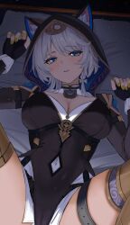 1girl animal_ears animal_hood black_hood cat_ears cat_girl cat_hood cipher_(honkai:_star_rail) commentary_request ears_through_hood gaitoou grey_hair highres honkai:_star_rail honkai_(series) hood hooded_leotard lying mole mole_on_chest on_back solo yellow_nails