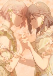 1girl 1other 5101to3 absurdres akiyama_mizuki braid brown_hair collar commentary_request couple detached_sleeves dress earrings eye_contact eyelashes flower forehead-to-forehead frilled_collar frilled_dress frills hair_flower hair_ornament half_up_braid hands_up heads_together highres interlocked_fingers jewelry leaf_earrings looking_at_another medium_hair other_with_female parted_lips pearl_earrings pink_hair project_sekai puffy_short_sleeves puffy_sleeves shinonome_ena short_hair short_sleeves sideways_mouth sleeveless sleeveless_dress standing tearing_up upper_body warm_colored white_dress