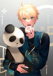 1boy absurdres ahoge alternate_costume arthur_pendragon_(fate) blonde_hair chinese_clothes fate/prototype fate_(series) food gradient_background green_eyes grey_background hand_up highres holding holding_food holding_stuffed_toy long_sleeves looking_at_viewer male_focus open_mouth panda seseragi_azuma short_hair simple_background solo steamed_bun stuffed_animal stuffed_panda stuffed_toy teeth upper_teeth_only white_background