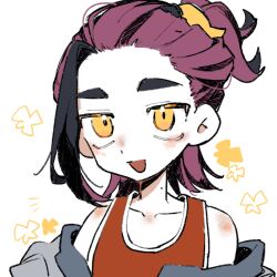 1boy age_toufu bare_shoulders black_hair blush commentary_request flower_symbol grey_jacket highres jacket kieran_(pokemon) looking_at_viewer male_focus mole mole_on_neck multicolored_hair nintendo off_shoulder open_mouth pokemon pokemon_sv purple_hair red_tank_top simple_background solo tank_top upper_body white_background yellow_eyes