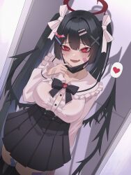 1girl :d absurdres alternate_costume black_hair black_skirt blue_archive blush bow bowtie breasts casual collared_shirt commentary_request condom condom_wrapper frills hair_bow hair_ornament hair_ribbon hairclip heart highres jirai_kei large_breasts long_hair long_sleeves looking_at_viewer musclexm open_mouth pleated_skirt red_eyes ribbon shirt skirt smile solo spoken_heart standing thighhighs tsurugi_(blue_archive) twintails very_long_hair wings x_hair_ornament