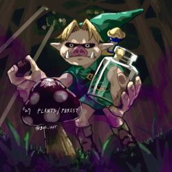 1boy belt boots bottle facing_viewer fangs forest full_body grass gus_uur hat link looking_at_viewer mask mask_of_scents mushroom nature nintendo outdoors pointy_ears solo sword sword_on_back the_legend_of_zelda the_legend_of_zelda:_majora&#039;s_mask tunic weapon weapon_on_back