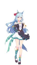 Rule 34 | 1girl, animal ears, asymmetrical footwear, asymmetrical gloves, asymmetrical sleeves, bare shoulders, black dress, black gloves, black shirt, blue hair, blush, boots, braid, breasts, brown boots, cleavage, closed mouth, collarbone, crown braid, dress, fold-over boots, frilled dress, frilled skirt, frills, full body, game model, gloves, hand on own chest, highres, horse ears, horse girl, long hair, long sleeves, looking at viewer, medium breasts, mejiro ardan (umamusume), mismatched gloves, off-shoulder shirt, off shoulder, puffy sleeves, purple eyes, shirt, short sleeves, sitting, skirt, smile, solo, tachi-e, transparent background, umamusume, uneven sleeves, very long hair, white gloves, white skirt