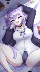 1girl :3 :d absurdres ahoge animal_ear_fluff animal_ears black_collar black_panties breasts cameltoe cardigan cat_ears cat_girl cat_tail chocolate collar collared_shirt food highres hololive large_breasts looking_at_viewer macaron medium_hair neck_ribbon nekomata_okayu nekomata_okayu_(oversized_shirt) nsfwkei official_alternate_costume open_mouth panties purple_cardigan purple_eyes purple_hair purple_ribbon ribbon shirt smile solo tail underwear virtual_youtuber white_shirt